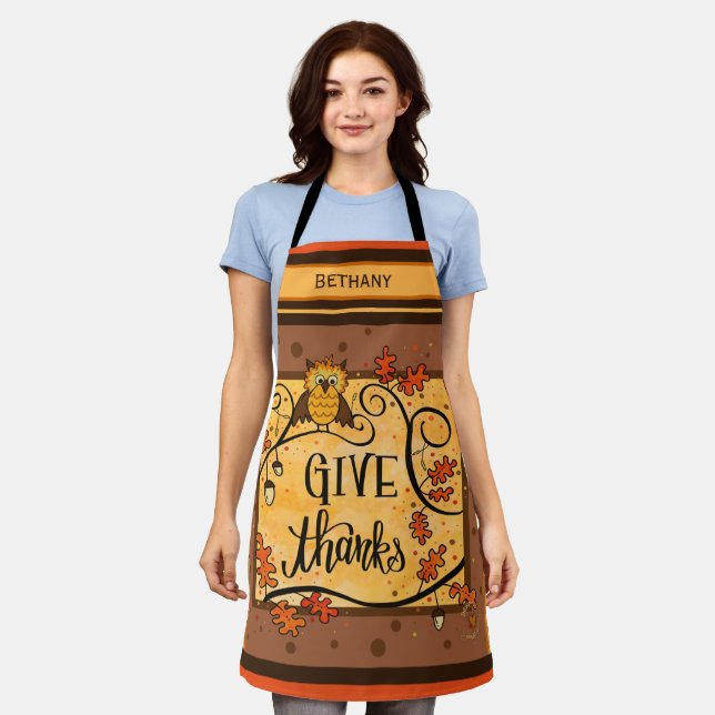 Thanksgiving Give Thanks Cute Owl Inspirivity Apron (Worn)