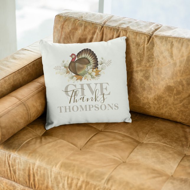 Thanksgiving Give Thanks Fall Personalized Throw Pillow (A thanksgiving watercolor turkey throw pillow. )