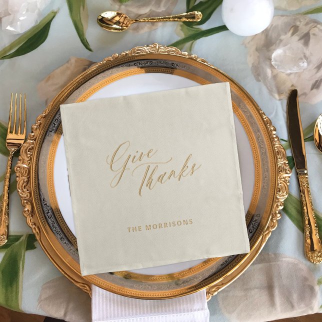Thanksgiving give thanks gold script family name foil napkins (Creator Uploaded)