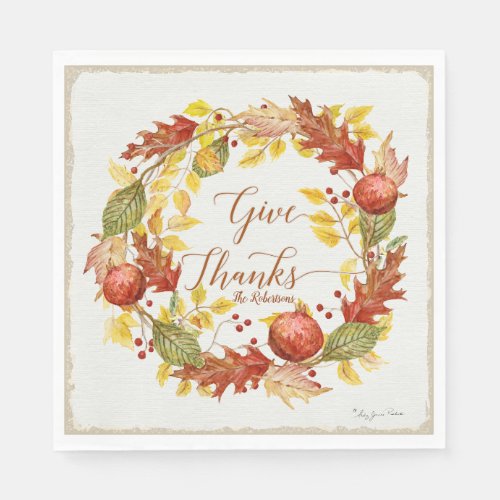 Thanksgiving Give Thanks Pomegranate Fall Leaves Napkins