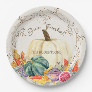 Thanksgiving Give Thanks Pumpkin Harvest Leaves Paper Plates