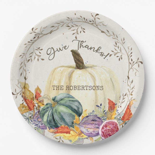 Thanksgiving Give Thanks Pumpkin Harvest Leaves Paper Plates (Front)