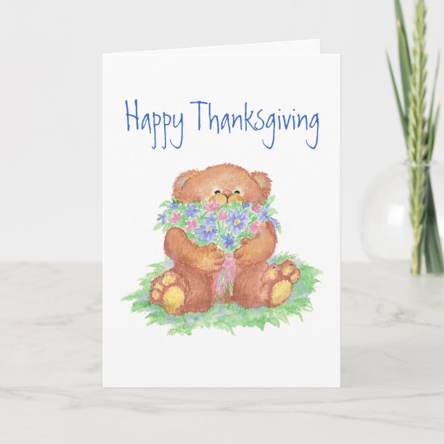 Thanksgiving,Give Thanks, Teddy Bear Flowers Holiday Card (Front)