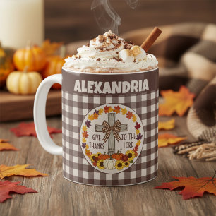 Thanksgiving Give Thanks To The Lord Brown Plaid Coffee Mug