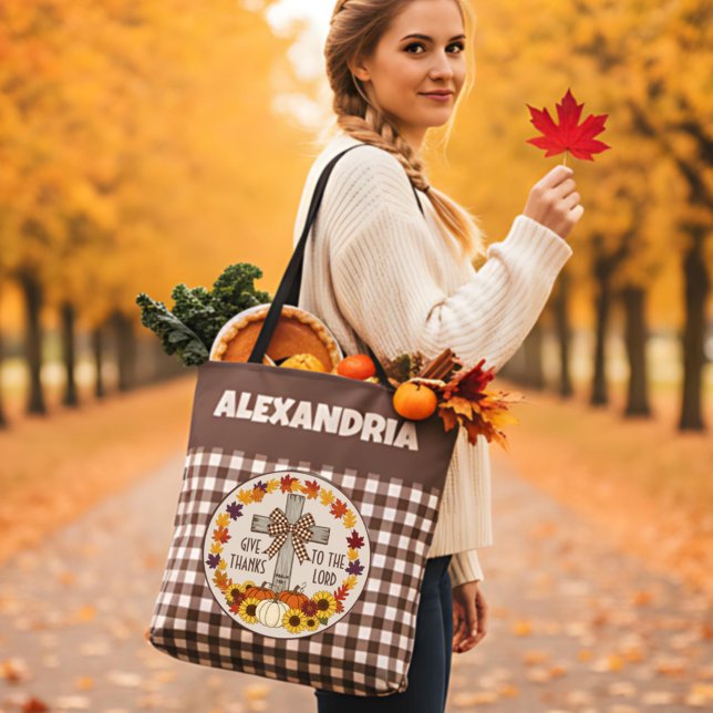 Thanksgiving Give Thanks To The Lord Brown Plaid Tote Bag (Creator Uploaded)