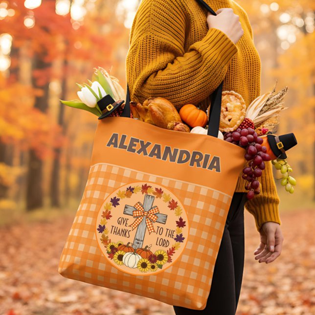Thanksgiving Give Thanks To The Lord Orange Plaid Tote Bag (Creator Uploaded)