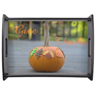 Thanksgiving Give Thanks Turkey Pumpkin Serving Tray