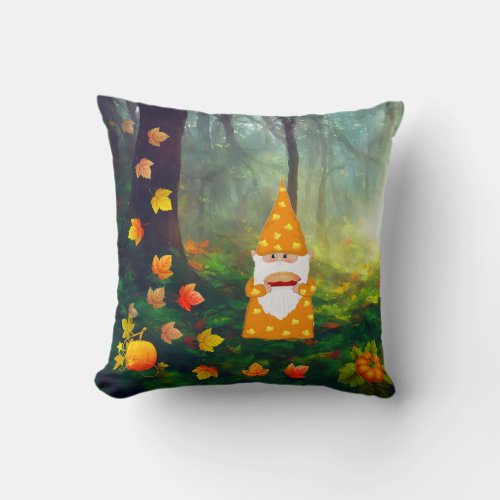 Thanksgiving Gnome and Beautiful Fall leaves Throw Pillow