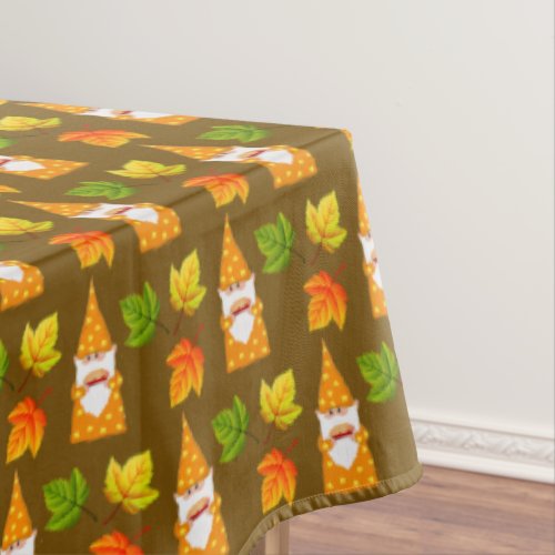 Thanksgiving Gnome and Fall Leaves on Brown Tablecloth