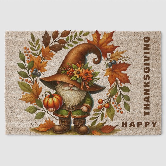 Thanksgiving Gnome And Leaves Fiber Doormat (Front)