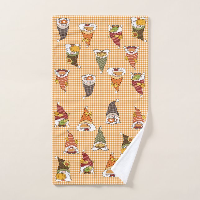 Thanksgiving Gnomes Orange Gingham Hand Towel (Hand Towel)