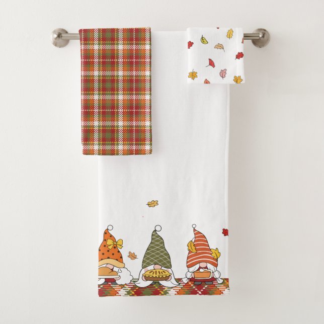 Thanksgiving Gnomes Plaid and Leaves Towel Set (Insitu)