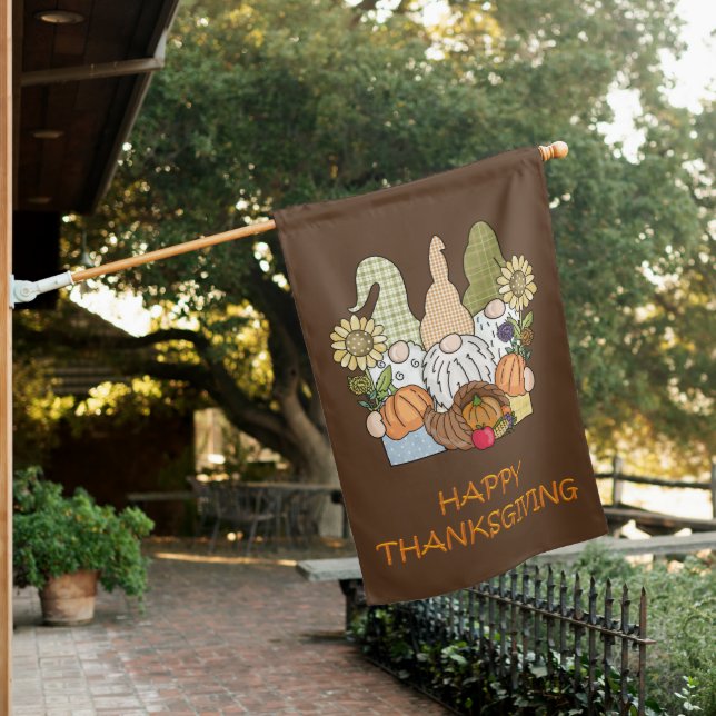 Thanksgiving Gnomes Trio House Flag (In SItu)