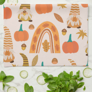 Thanksgiving Gnomes With Pumpkins and Leaves Kitchen Towel