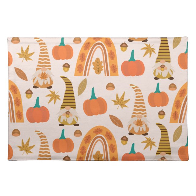 Thanksgiving Gnomes with Rainbow and Autumn Leaves Cloth Placemat (Front)