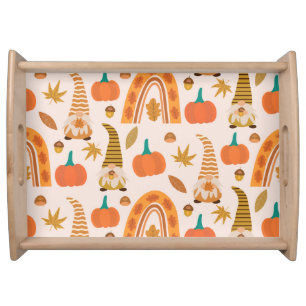 Thanksgiving Gnomes with Rainbow and Autumn Leaves Serving Tray
