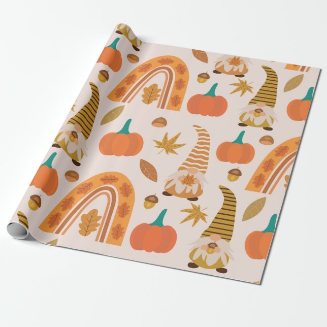 Thanksgiving Gnomes with Rainbow and Autumn Leaves Wrapping Paper (Unrolled)
