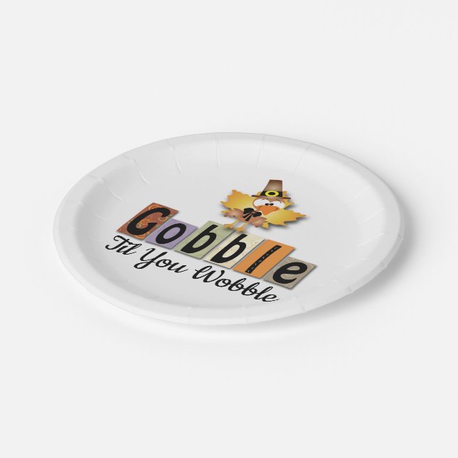 Thanksgiving Gobble Til You Wobble Turkey Paper Plates (Angled)