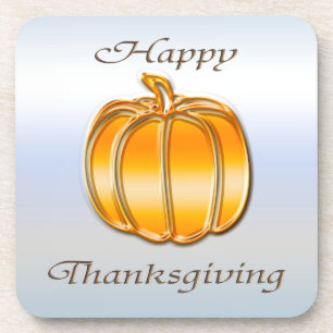 Thanksgiving Golden Pumpkin on Silver Background Beverage Coaster