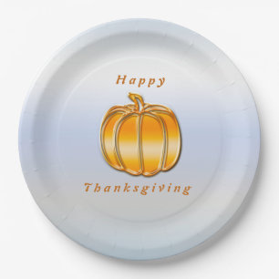 Thanksgiving Golden Pumpkin on Silver Background Paper Plates