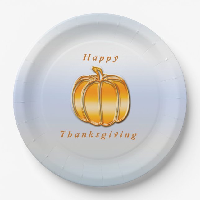 Thanksgiving Golden Pumpkin on Silver Background Paper Plates (Front)
