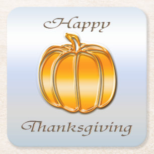 Thanksgiving Golden Pumpkin on Silver Background Square Paper Coaster