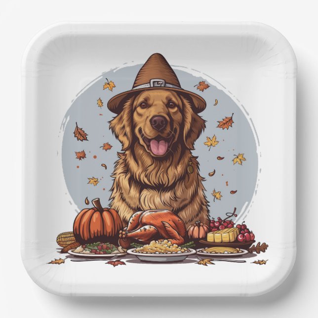 Thanksgiving Golden Retriever Dog Paper Plates (Front)