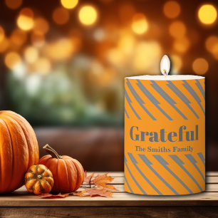 Thanksgiving Grateful Black Grey Lines Custom Name Pillar Candle