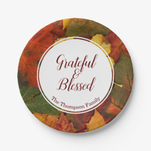 Thanksgiving Grateful & Blessed Custom Name Leaves Paper Plates