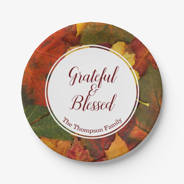 Thanksgiving Grateful & Blessed Custom Name Leaves Paper Plates (Front)