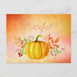 Thanksgiving "Grateful" Watercolors Holiday Postcard