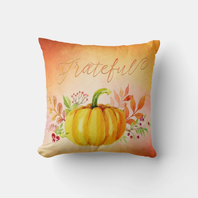 Thanksgiving "Grateful" Watercolors Throw Pillow (Front)