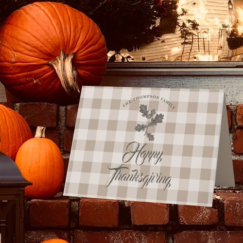 Thanksgiving Gratitude Family Name Taupe Plaid Holiday Card