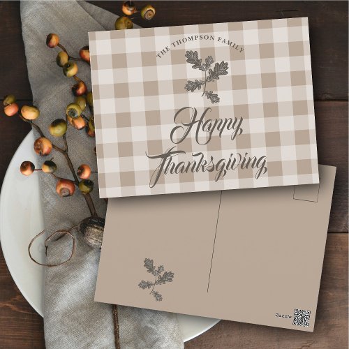 Thanksgiving Gratitude Family Name Taupe Plaid Holiday Postcard