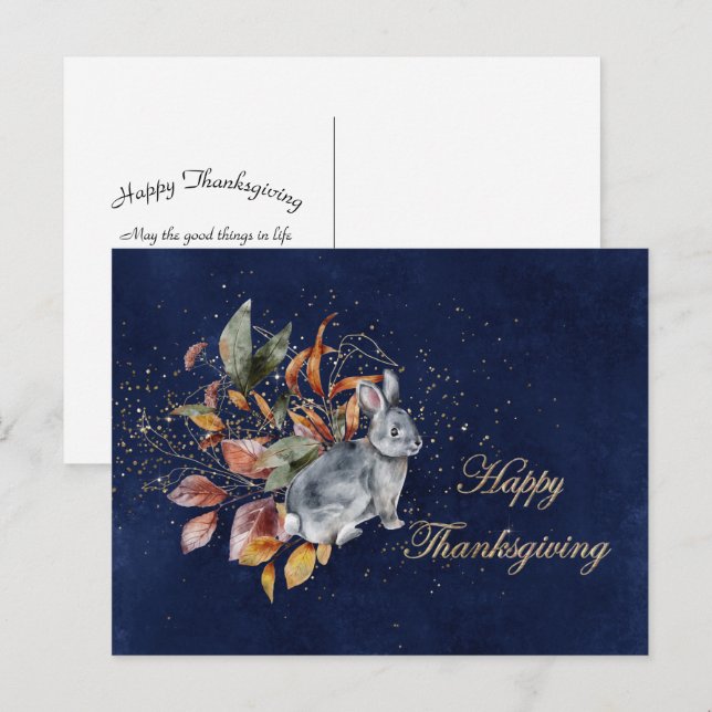 Thanksgiving Gray Rabbit Leaves Blue Business Holiday Postcard (Front/Back)
