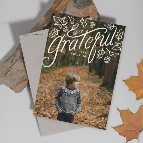 Thanksgiving hand_lettered grateful leaves photo holiday card