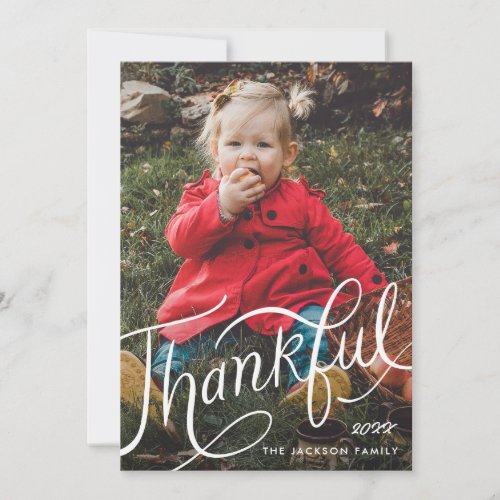 Thanksgiving hand_lettered thankful photo holiday card