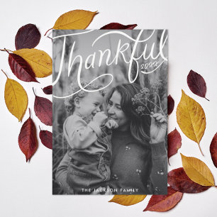 Thanksgiving hand-lettered thankful photo holiday card