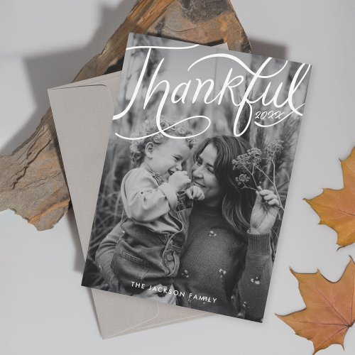 Thanksgiving hand_lettered thankful photo holiday card