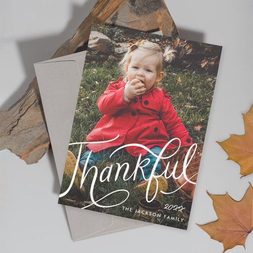 Thanksgiving hand_lettered thankful photo holiday card