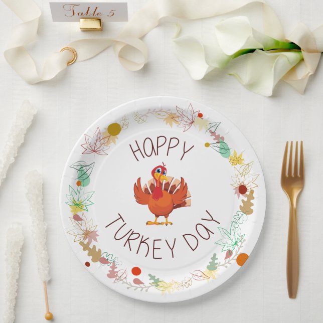 Thanksgiving Happy Turkey Day Autumn Leaves Paper Plates (Wedding)