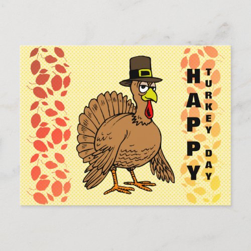 Thanksgiving Happy Turkey Day Cute Pilgrim Cartoon Holiday Postcard