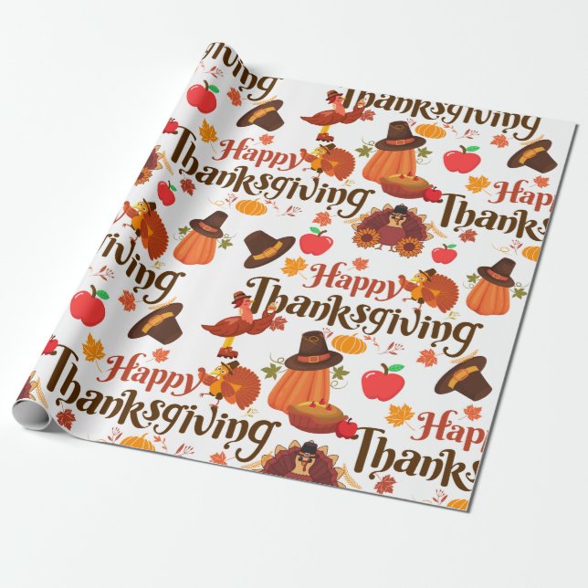 Thanksgiving Happy Turkey Day Pumpkin pattern gift Wrapping Paper (Unrolled)