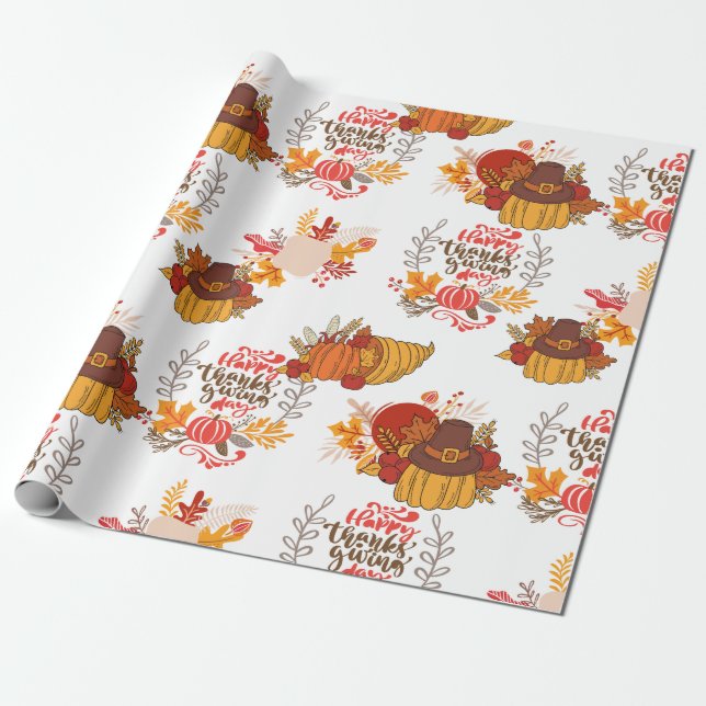 Thanksgiving Happy Turkey Day Pumpkin pattern gift Wrapping Paper (Unrolled)