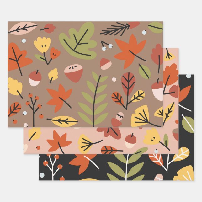Thanksgiving Harvest Graphic Autumn Leaves 3-piece Wrapping Paper Sheets (Set)