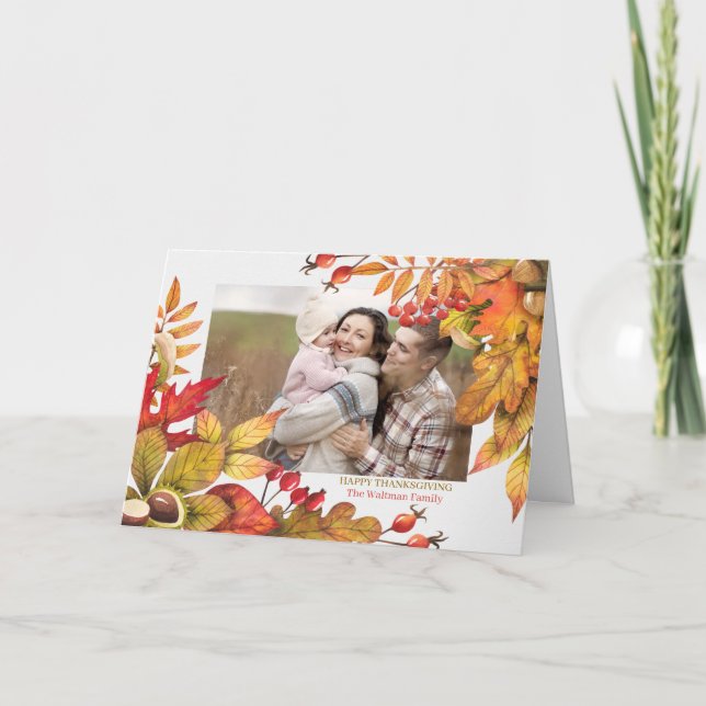 Thanksgiving Harvest Leaves Berries Horz Photo Holiday Card (Front)