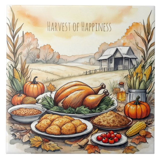 Thanksgiving, Harvest of Happiness,  Ceramic Tile (Front)