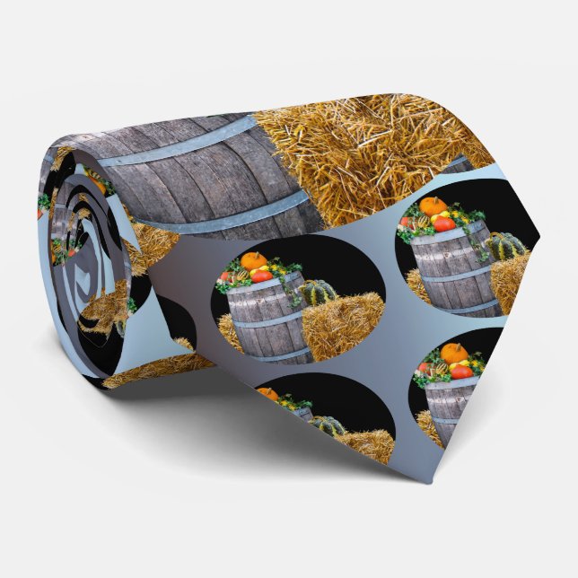 Thanksgiving Harvest Scene with Barrel and Produce Neck Tie (Rolled)