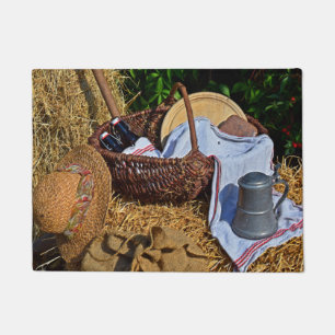 Thanksgiving Harvest Scene with Straw Hat - Basket Doormat