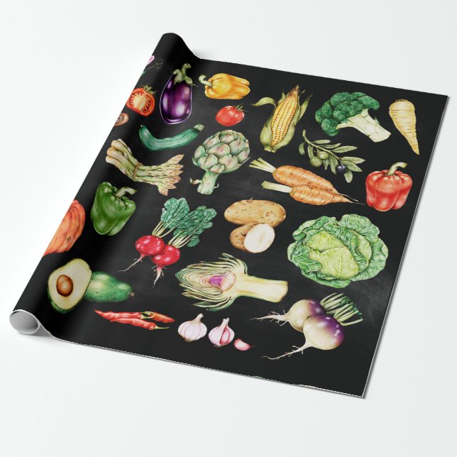 Thanksgiving Harvest Vegetables Colorful Black Wrapping Paper (Unrolled)